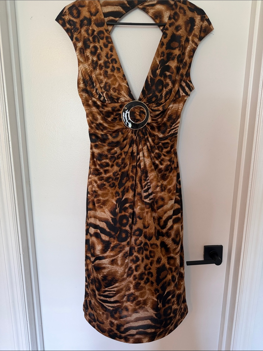 Vintage Joseph Ribkoff Leopard Print Ruched Sheath Dress O-Ring V-Neck Size 4